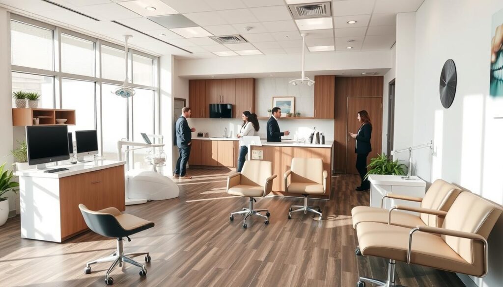 A neatly organized dental clinic with modern, sleek furnishings and state-of-the-art equipment. The reception area is inviting, with a warm and welcoming atmosphere. In the background, the clinic's staff are engaged in productive discussions, highlighting the efficient management practices in place. The lighting is bright and natural, creating a calming and professional ambiance. The overall scene conveys the idea of a well-run, patient-centric dental practice, where effective management strategies are implemented to ensure a seamless and high-quality patient experience.