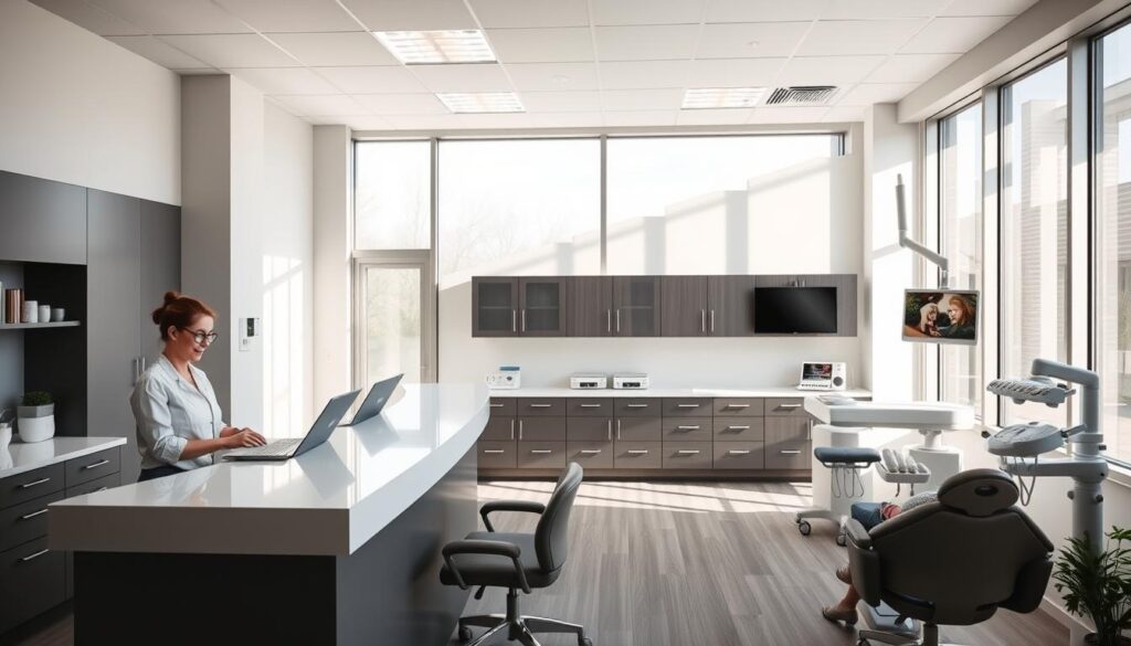 A neatly organized dental office interior, flooded with natural light streaming through large windows. The sleek, modern reception desk is staffed by a helpful assistant, while patients peruse educational materials in plush seating. Beyond, examination rooms feature state-of-the-art equipment and soothing pastel decor, creating a calming, professional atmosphere. Cabinets and shelves are precisely arranged, reflecting a keen attention to detail and efficient workflow. The overall scene conveys a sense of order, cleanliness and patient-centric care, vital for an optimal dental practice experience.