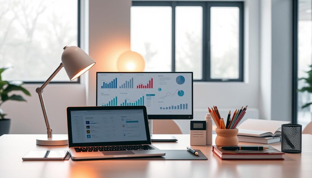 A neatly organized desk with a laptop, tablet, and stationery items, all set against a backdrop of minimalist office interior with large windows letting in soft, natural light. The desktop displays graphs, charts, and marketing analytics, hinting at the data-driven approach to the dental marketing plan. A subtle warm glow from a desk lamp creates a focused, productive atmosphere, reflecting the process of goal-setting for the clinic's marketing efforts.