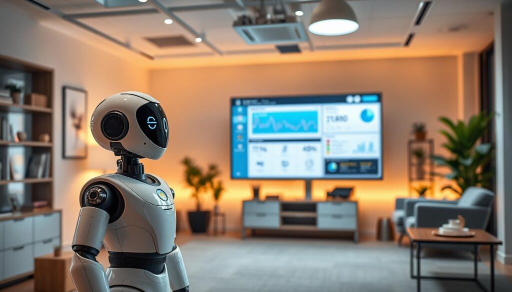 A neatly organized office interior, with a sleek CRM software interface displayed on a large monitor. In the foreground, an AI assistant robot stands, its intelligent gaze directed at the user. Warm ambient lighting casts a soft, productive glow, while the background features modern furniture and decor, reflecting a professional yet inviting atmosphere. The scene conveys the seamless integration of cutting-edge CRM tools and AI-powered solutions, empowering the user to streamline their dental marketing operations.