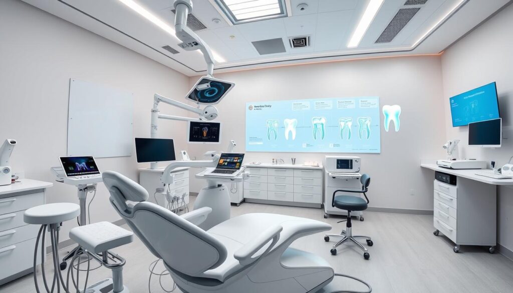 A panoramic view of a modern dental clinic in 2025, showcasing the advanced technologies and tools that will revolutionize patient care. In the foreground, a sleek and intuitive dental chair equipped with holographic interfaces, robotic arms, and real-time diagnostic sensors. The middle ground reveals a bright, airy workspace filled with 3D printers for custom dental implants, AI-powered treatment planning software, and augmented reality headsets for precision procedures. In the background, a wall-mounted display showcases a holographic timeline of a patient's dental history, seamlessly integrated with cloud-based medical records. Soft, diffused lighting and a minimalist, futuristic aesthetic create a calming, high-tech atmosphere.