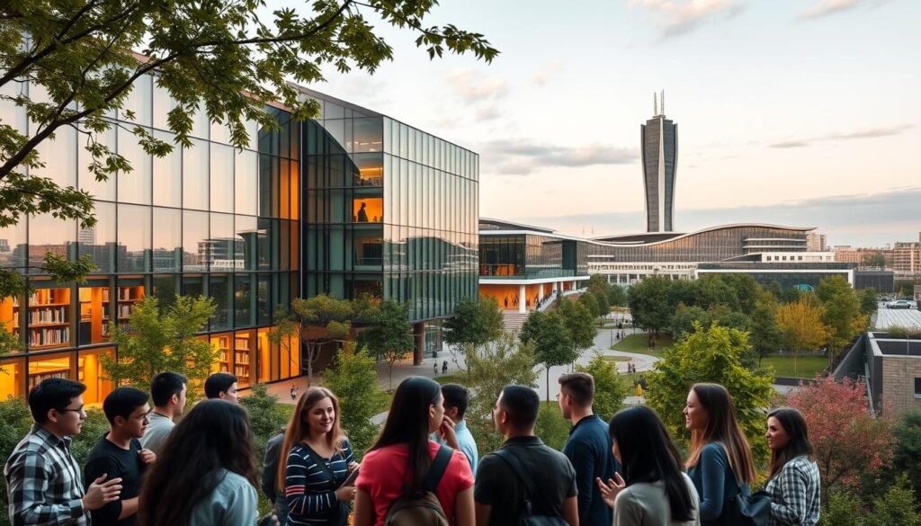 A panoramic view of a modern educational campus, with sleek glass-and-steel buildings nestled among verdant trees and landscaping. In the foreground, a group of diverse students engage in lively discussion, their faces alight with curiosity and enthusiasm. The middle ground features a state-of-the-art library, its expansive windows bathed in warm, natural light. In the background, a towering, futuristic lecture hall dominates the skyline, its bold architectural design symbolizing the institution's commitment to innovation and progress. The overall scene conveys a sense of dynamic learning, intellectual growth, and the transformative power of investment in education.