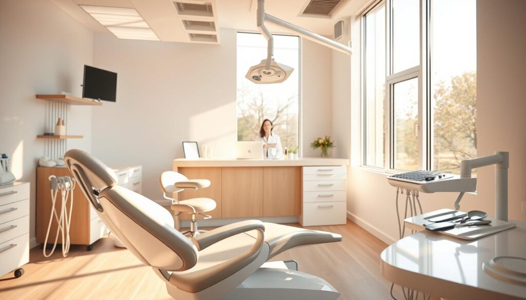 A pristine dental office, bathed in warm, natural light filtering through large windows. In the foreground, a professional-grade dental chair, sleek and modern, exuding a sense of efficient, high-quality care. On the side, a well-organized array of specialized instruments, neatly arranged and ready for use. In the middle ground, a reception desk with a friendly, approachable staff member, ready to guide patients through the process. In the background, a clean, minimalist design scheme, with soothing colors and textures that create a calming, trustworthy atmosphere. The overall scene conveys a sense of meticulous organization, attention to detail, and a commitment to providing an exceptional patient experience - the hallmarks of an efficient, well-managed dental practice.