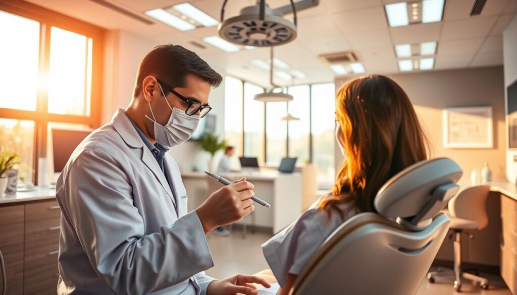 A pristine dental office, bathed in warm, natural lighting that cascades through large windows. At the center, a professional dentist examines a patient's teeth, their focused gaze and gentle touch conveying the importance of comprehensive dental care. In the background, a sleek and modern reception area, where patients are welcomed and administrative tasks are handled efficiently. The overall atmosphere exudes a sense of professionalism, attention to detail, and a commitment to the well-being of the patients. Subtle signage and visual cues highlight the importance of effective practice management in delivering exceptional dental services.