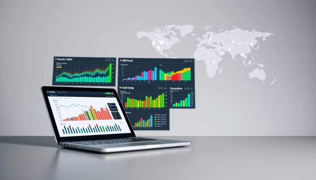 A professional analytics dashboard displays vivid data visualizations against a minimalist grey and white backdrop. In the foreground, colorful line graphs, bar charts, and pie charts depict key marketing metrics such as website traffic, lead generation, and customer conversion rates. The middle ground features a laptop computer with a spreadsheet open, showcasing detailed numerical data and statistical analysis. In the background, a world map with data points highlighting global trends casts a subtle glow. The overall atmosphere conveys a sense of data-driven decision making, strategic planning, and performance optimization for a dental marketing campaign.