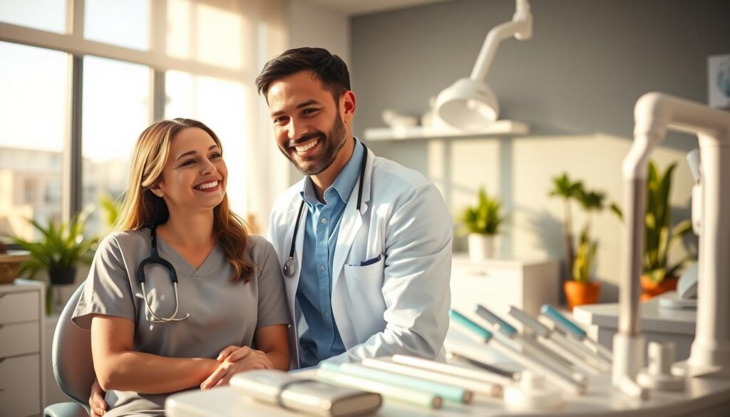 A professional and ethical dental practice, illuminated by warm, natural lighting. In the foreground, a dentist and patient engaged in a warm, friendly consultation, their expressions conveying trust and care. In the middle ground, dental tools and equipment, meticulously organized and clean, symbolizing the practice's commitment to high-quality, safe procedures. The background features a serene, calming office environment, with potted plants and soothing colors, creating a welcoming atmosphere for patients. The overall scene evokes a sense of professionalism, compassion, and ethical standards in dental marketing.