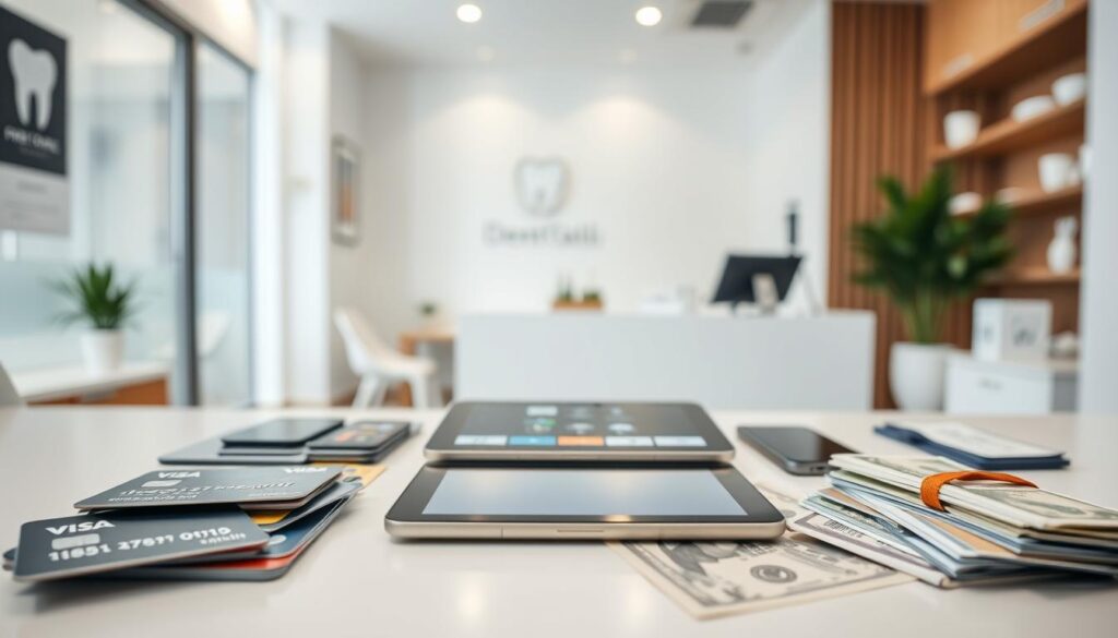 A professional and modern dental clinic's payment options displayed in an organized and visually appealing manner. The foreground features various payment methods like credit cards, mobile wallets, and cash laid out on a minimalist desk. The middle ground shows a tablet or device showcasing digital payment processing. The background has a clean, bright interior with subtle dental-themed decor, conveying a sense of trustworthiness and efficiency. The overall composition and lighting create a welcoming, technology-forward atmosphere suitable for a dental practice.