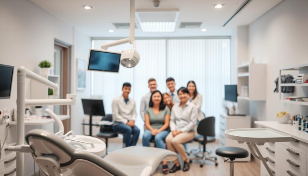 A professional and well-organized dental clinic, with a bright and welcoming atmosphere. In the foreground, a detailed dental chair and equipment, conveying the technical aspects of dental care. The middle ground features a group of smiling patients, representing the diverse clientele and the clinic's focus on patient satisfaction. The background showcases a modern, minimalist design with clean lines and natural lighting, suggesting an efficient and state-of-the-art facility. The overall mood is one of professionalism, care, and attention to detail, reflecting the objectives of a comprehensive dental clinic management course.