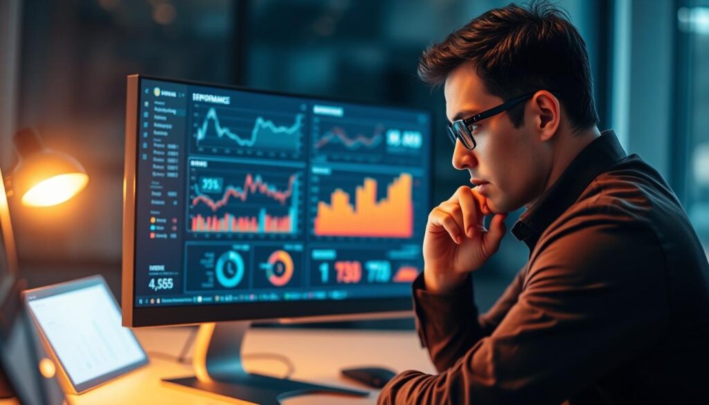 A professional business person closely examining a computer monitor, intently studying data visualizations and performance metrics displayed on the screen. The figure is seated at a modern office desk, the monitor positioned at eye level. Warm lighting from a desk lamp casts a soft glow, creating an atmosphere of focused analysis. The background is blurred, placing emphasis on the monitor and the individual's concentrated expression. Subtle shadows and highlights accentuate the three-dimensional form. The overall scene conveys a sense of strategic decision-making and data-driven optimization.