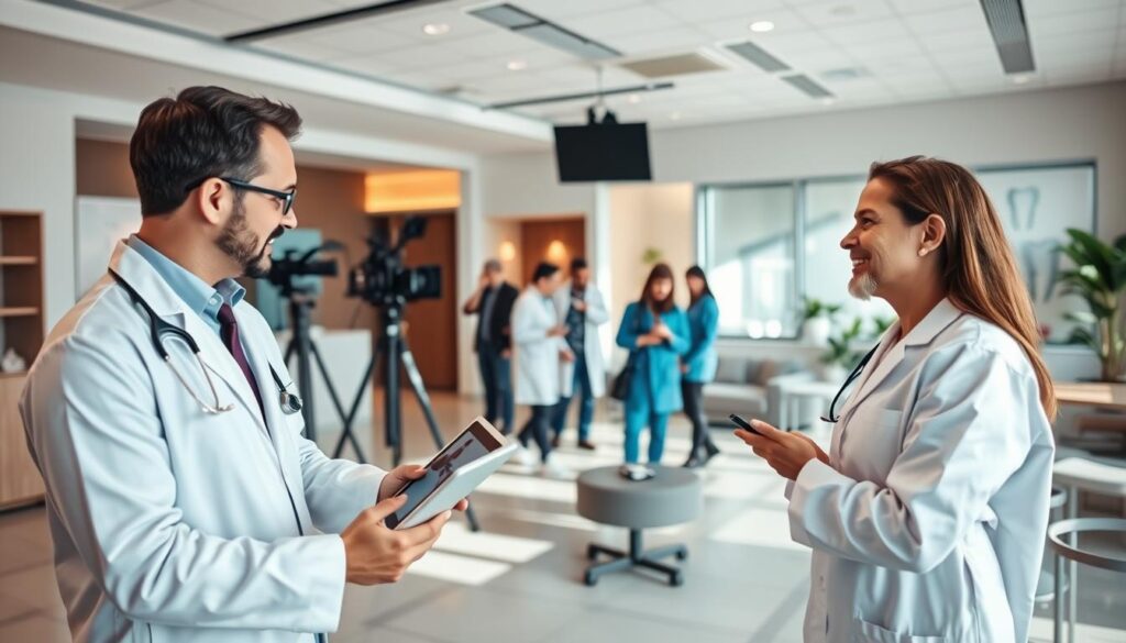 A professional dental clinic with a modern, sleek interior. In the foreground, a dentist holding a tablet and discussing video marketing strategies with a patient. In the middle ground, a small team of dentists and staff collaborating on a video production setup, cameras and lighting equipment visible. The background features an open, airy waiting room with comfortable seating, natural lighting, and dental-themed decor. The scene conveys a sense of expertise, innovation, and patient-centric care, capturing the essence of video marketing for dental clinics.