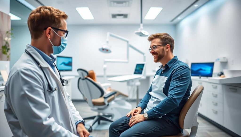 A professional dental office with a modern, welcoming atmosphere. In the foreground, a dentist consults with a patient, explaining treatment options with a warm, personalized approach. The middle ground showcases state-of-the-art dental equipment and technology, reflecting the clinic's commitment to quality care. The background features a clean, minimalist design with calming hues, creating a serene environment that puts patients at ease. Soft, directional lighting illuminates the scene, emphasizing the clinic's attention to detail and creating a sense of professionalism and expertise. The overall mood conveys the benefits of comprehensive dental marketing strategies - trust, comfort, and a personalized patient experience.
