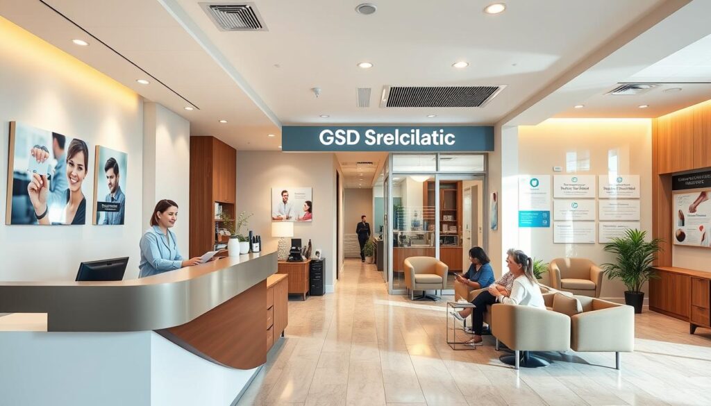 A professional dental office with a warm, inviting atmosphere. The foreground showcases a modern, sleek reception desk with a friendly receptionist greeting patients. The middle ground features patients in the waiting area, comfortable armchairs, and eye-catching wall displays highlighting the clinic's services and expertise. The background depicts the exterior of the clinic, with a prominent sign and signage highlighting the practice's name and specialties. The lighting is soft and natural, creating a calming ambiance. The overall composition conveys a sense of professionalism, trust, and attention to detail, reflecting the clinic's commitment to marketing and visibility.