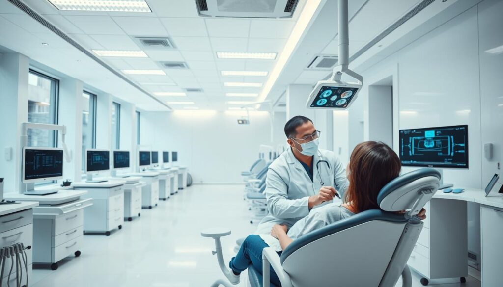 A professional dental office with modern equipment and technology. In the foreground, a dentist and their assistant examine a patient's teeth using a digital x-ray machine and a sleek, ergonomic dental chair. In the middle ground, a row of state-of-the-art dental stations, each equipped with the latest software and tools for efficient patient record management and treatment planning. The background features a clean, minimalist aesthetic with white walls, recessed lighting, and large windows that flood the space with natural light, creating a calming, high-tech atmosphere. The overall scene conveys a vision of cutting-edge dental management practices that prioritize patient comfort, data-driven decision-making, and seamless workflow optimization.