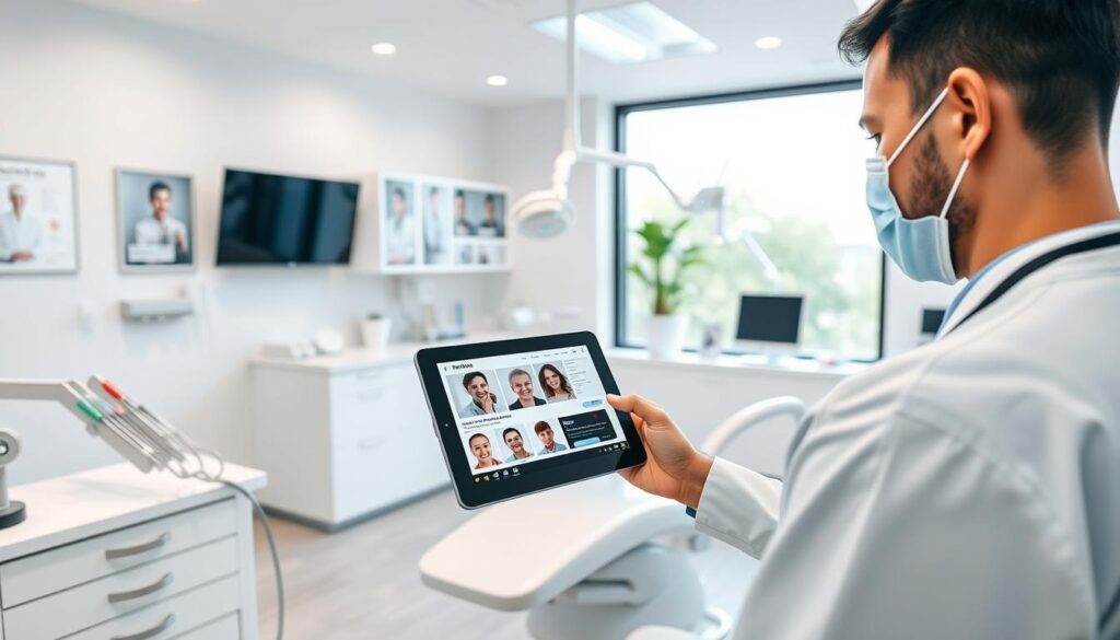 A professional dental office with modern, minimalist design. In the foreground, a dentist uses a digital tablet to showcase dental treatments and services. The middle ground features dental instruments, brochures, and a clean, organized desk. The background showcases a large window with natural lighting, highlighting the clinic's commitment to transparency and patient-centric care. The overall atmosphere conveys a sense of professionalism, innovation, and a focus on digital marketing strategies tailored for dentists.
