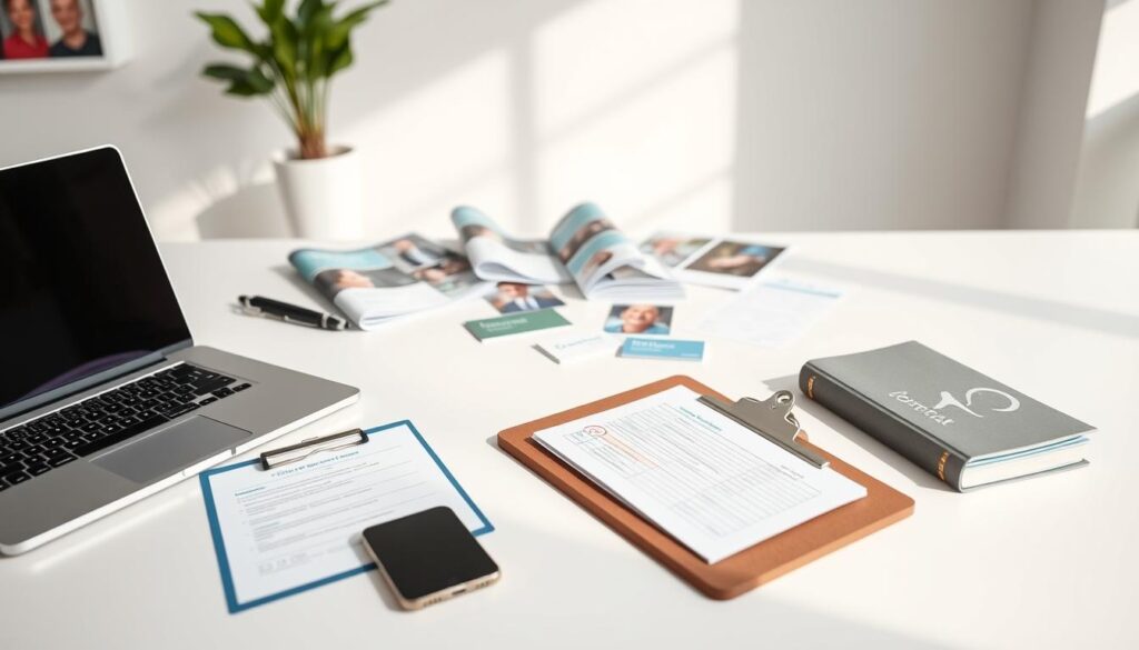 A professional dental office with various marketing tools artfully arranged on a clean, white surface. In the foreground, a laptop, smartphone, and clipboard with forms create a digital and analog workspace. In the middle ground, dental brochures, business cards, and promotional materials showcase a range of physical marketing assets. The background features a minimalist, well-lit studio setup with soft shadows, highlighting the tools' tactile details and textures. The overall composition conveys a sense of organization, efficiency, and a thoughtful approach to dental marketing.