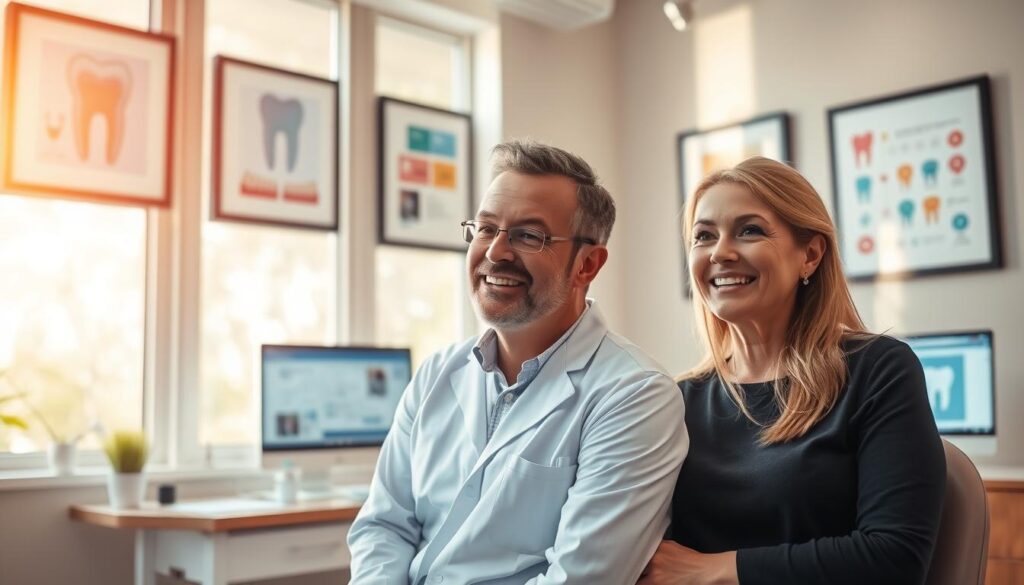 A professional dentist's office, bathed in warm, natural lighting filtering through large windows. In the foreground, a dentist consults with a patient, their friendly expressions conveying trust and care. On the walls, framed images and infographics showcase dental health tips and procedures, while a computer monitor in the background displays a content management interface. The scene radiates an atmosphere of expertise, approachability, and a dedication to educating patients through engaging, informative content.