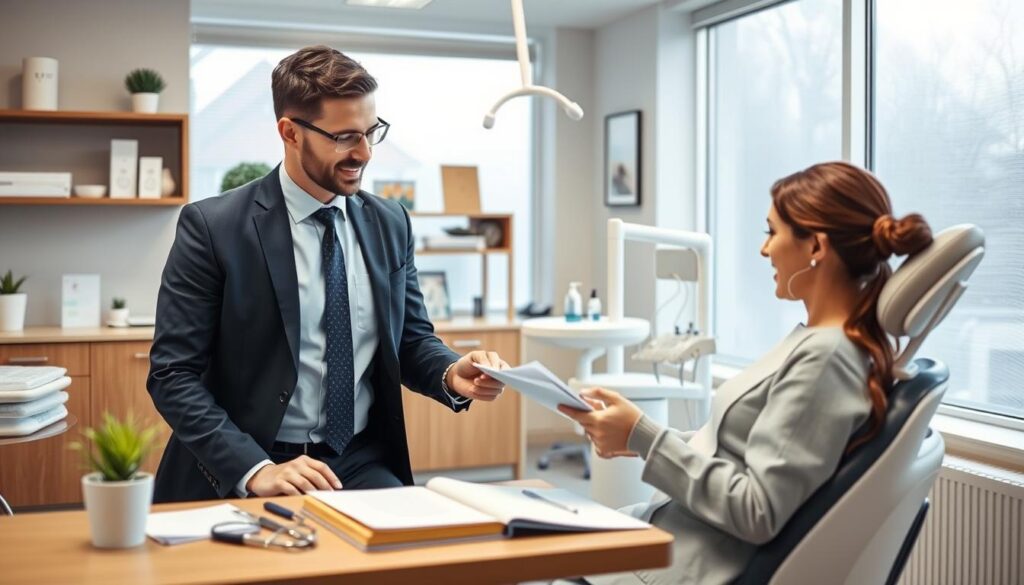 A professional, focused dental practice setting with a modern, well-equipped office interior. The foreground features a smartly dressed dentist consulting with a patient, discussing materials and procedures for an effective dental management course. The middle ground showcases various dental tools, equipment, and educational resources arranged neatly. The background depicts a serene, calming environment with tasteful decor and large windows allowing natural light to filter in, creating a soothing, professional atmosphere ideal for dental management training.