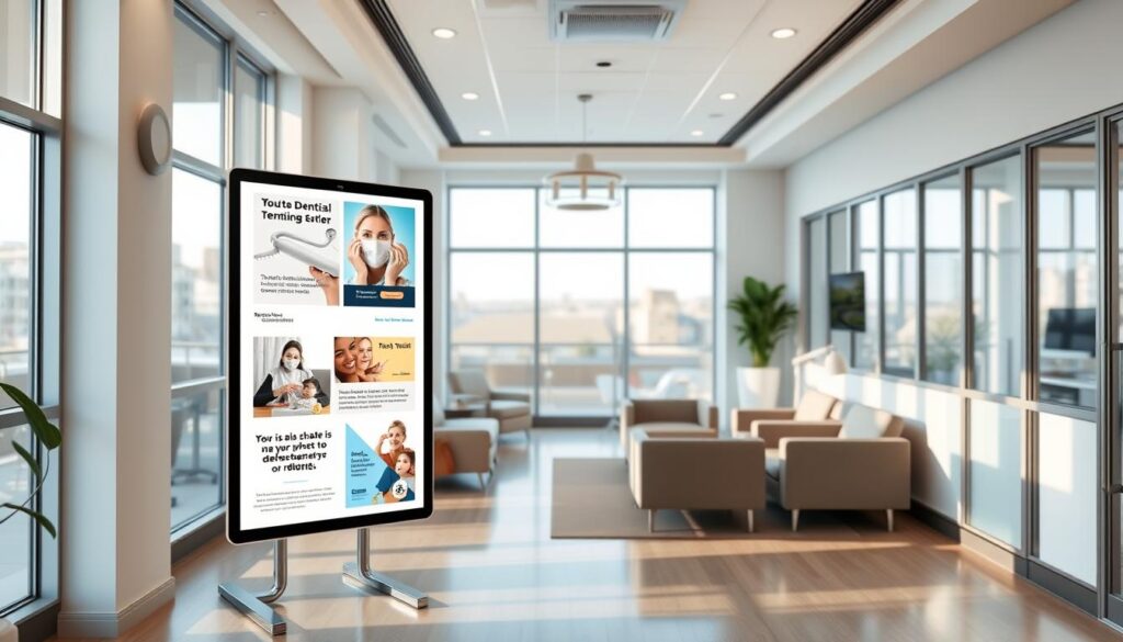 A professional, modern dental clinic interior featuring a stylish and inviting waiting area. The space is brightly lit by large windows, creating a warm and welcoming atmosphere. In the foreground, a sleek digital display showcases various paid advertising campaigns for dental services, highlighting the clinic's commitment to marketing and patient acquisition. The middle ground features comfortable seating arrangements and subtle branding elements, while the background showcases the clinic's state-of-the-art equipment and decor, conveying a sense of high-quality care. The overall scene strikes a balance between clinical professionalism and consumer-friendly design, effectively communicating the value of paid advertising for this dental practice.