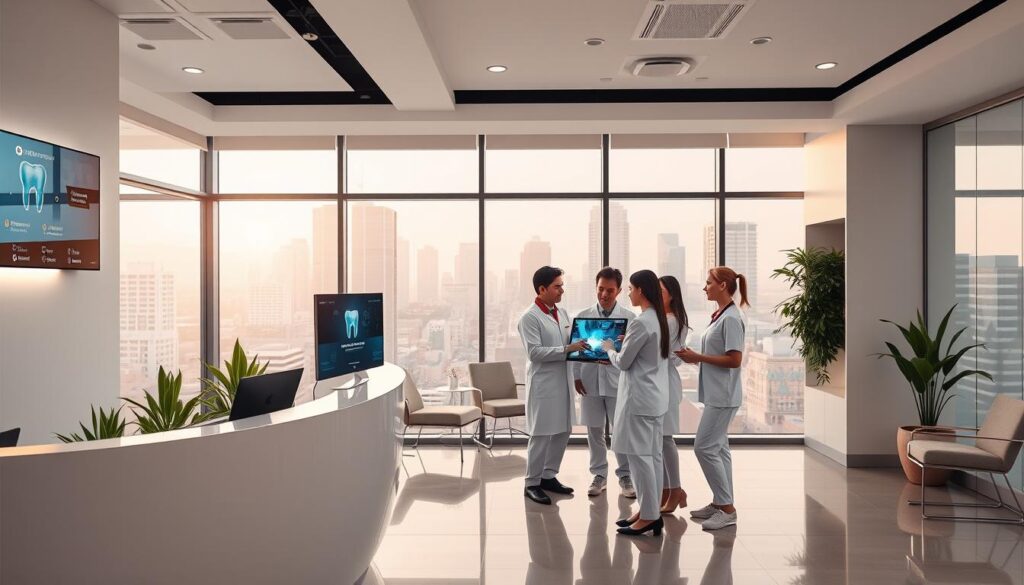 A professional, modern dental office showcasing the latest marketing trends. In the foreground, a sleek, minimalist reception desk with a large, curved monitor displaying digital content. Behind it, a well-lit, airy waiting area with stylish, comfortable seating and potted plants. The middle ground features a team of dental professionals, dressed in crisp, white uniforms, engaged in a collaborative discussion around a touchscreen display. In the background, a large window overlooking a bustling cityscape, with clean, geometric architecture bathed in warm, natural light. The overall atmosphere conveys a sense of innovation, technology, and a forward-thinking approach to dental marketing.