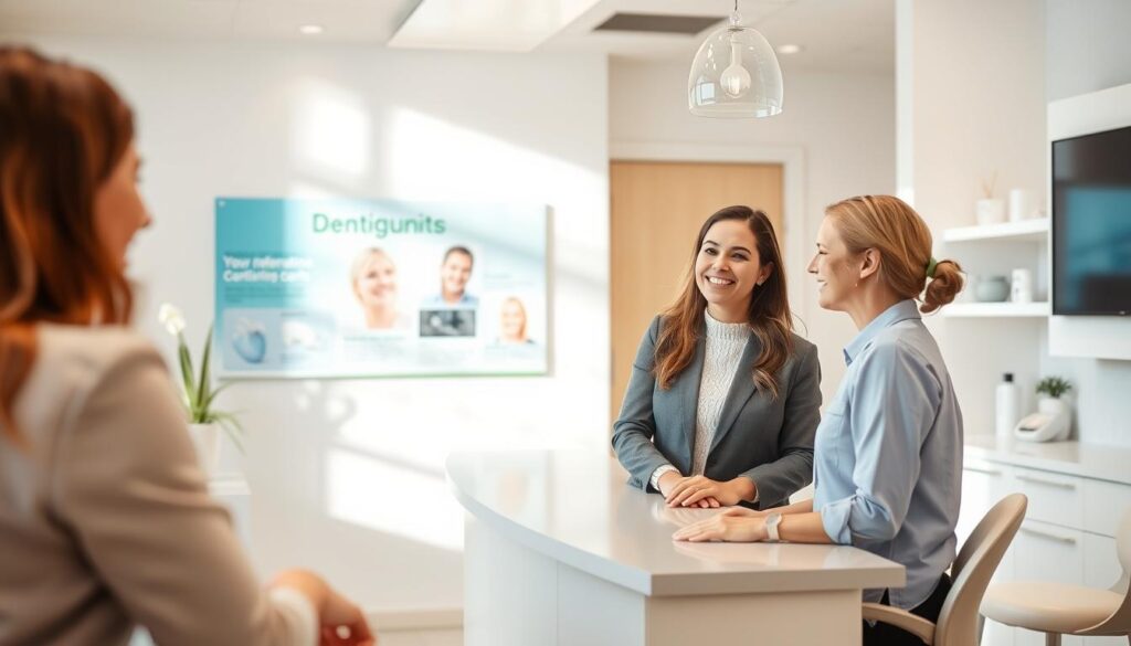 A professional, modern dental office with a friendly, welcoming atmosphere. A receptionist greets a patient at the front desk, engaging in a warm, conversational manner. The patient appears relaxed and at ease, indicating effective communication and a personalized approach. Soft, natural lighting illuminates the clean, minimalist decor, creating a calming ambiance. In the background, a display showcases dental services and offerings, subtly highlighting the practice's expertise. The overall scene conveys an inviting, customer-centric marketing strategy to attract new patients.