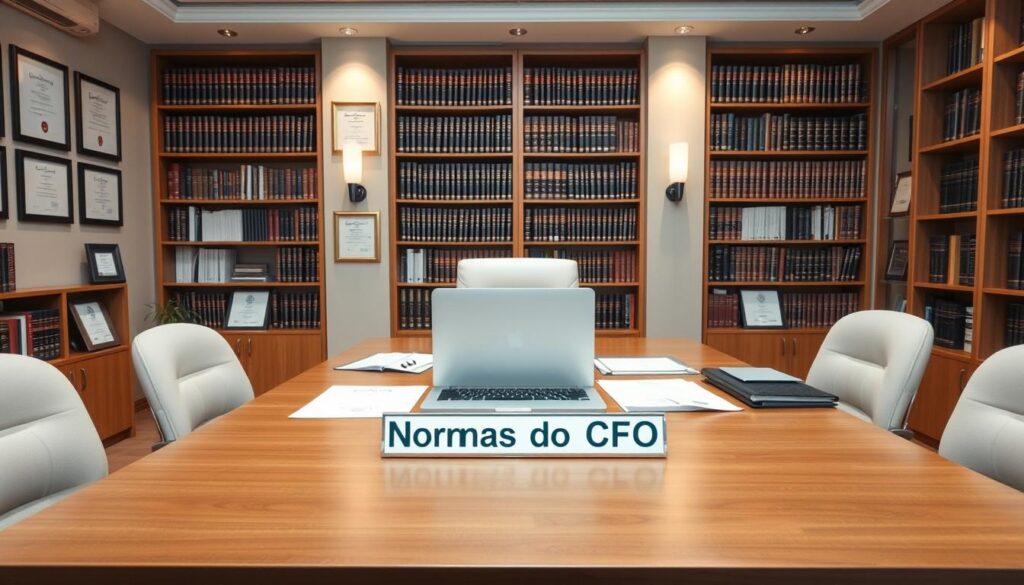 A professional office setting with a large desk at the center, featuring a laptop, documents, and a nameplate reading "Normas do CFO". The office is well-lit with soft, warm lighting, creating a sense of productivity and attention to detail. The walls are adorned with framed certificates and diplomas, conveying the authority and expertise of the CFO. The background features tall bookshelves filled with various financial and legal tomes, establishing the technical and sophisticated nature of the subject matter. The overall atmosphere is one of professionalism, order, and a commitment to best practices in the field of dental office management.