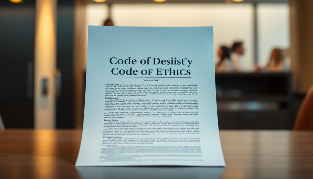 A professional, sharply defined image of a code of ethics document for dentistry. The document is the focal point, positioned centrally and illuminated by warm, directional lighting. The background is blurred and de-emphasized, creating a sense of depth and focus on the central subject. The document has a clean, formal appearance, with crisp, legible text and a prominent title. The overall mood is one of authority, professionalism, and ethical standards in the dental field.