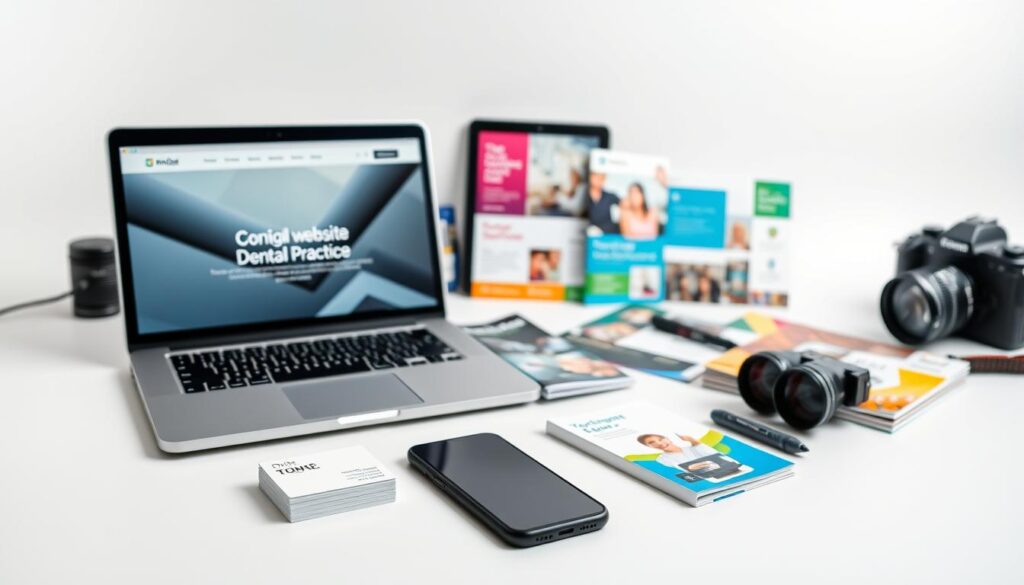 A professional studio photography setup captures an array of essential dental marketing tools arranged on a clean, minimalist white backdrop. In the foreground, a modern laptop displays a dental practice website, accompanied by a stylish smartphone and a stack of business cards. The middle ground features a collection of printed materials, including brochures, flyers, and postcards, showcasing vibrant, eye-catching designs. In the background, various digital devices, such as a tablet and a camera, suggest the integration of multimedia and visual content creation. Soft, directional lighting accentuates the sleek, refined aesthetic, conveying a sense of professionalism and attention to detail that embodies the essence of effective dental marketing.