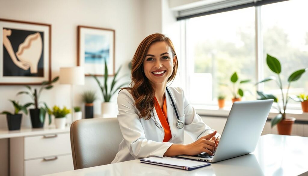 A professional, well-designed dental office persona in a warm, inviting atmosphere. A friendly, educated woman in her 30s sits at a desk, smiling and making eye contact. The office is bright and airy, with natural light flooding in through large windows. Tasteful decor, like potted plants and modern art, creates a calming, comfortable vibe. The persona exudes competence, empathy, and a commitment to patient-centric care. A medical diploma and certifications are visible, establishing her expertise. The overall impression is of a trustworthy, approachable healthcare provider dedicated to delivering exceptional dental services.