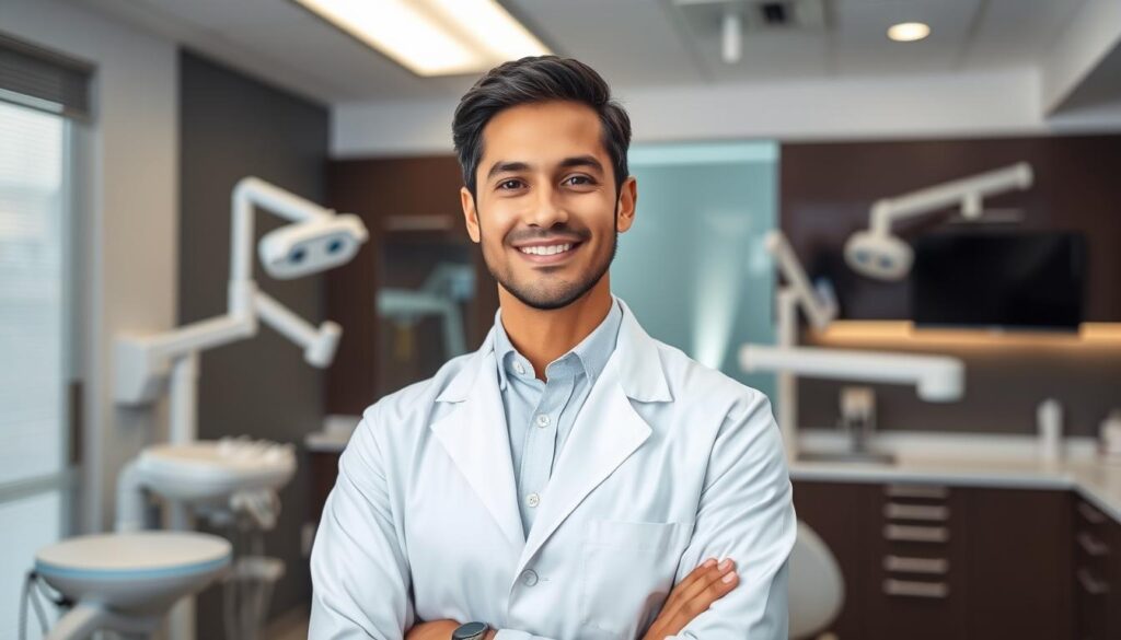 A professional, well-groomed individual in a clean, white lab coat, confidently standing against a backdrop of contemporary dental equipment and sleek, modern office decor. The subject's expression conveys a blend of clinical expertise, empathy, and a proactive mindset - the ideal traits for a dental practice manager. Soft, directional lighting accentuates the subject's features, creating a sense of authority and competence. The overall composition suggests a balance of technical know-how and interpersonal skills, reflecting the multifaceted nature of effective dental practice management.