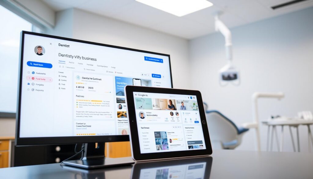 A professional, well-lit Google My Business dashboard for dentists, showcasing a sleek and intuitive interface. The foreground features a desktop computer screen displaying a dentist's business profile, with ratings, reviews, and business information prominently displayed. In the middle ground, a tablet device showcases the mobile-responsive version of the dashboard, highlighting the seamless user experience across devices. The background depicts a modern, minimalist office setting, with dental equipment and a warm, inviting atmosphere, emphasizing the tool's importance for dental practices.