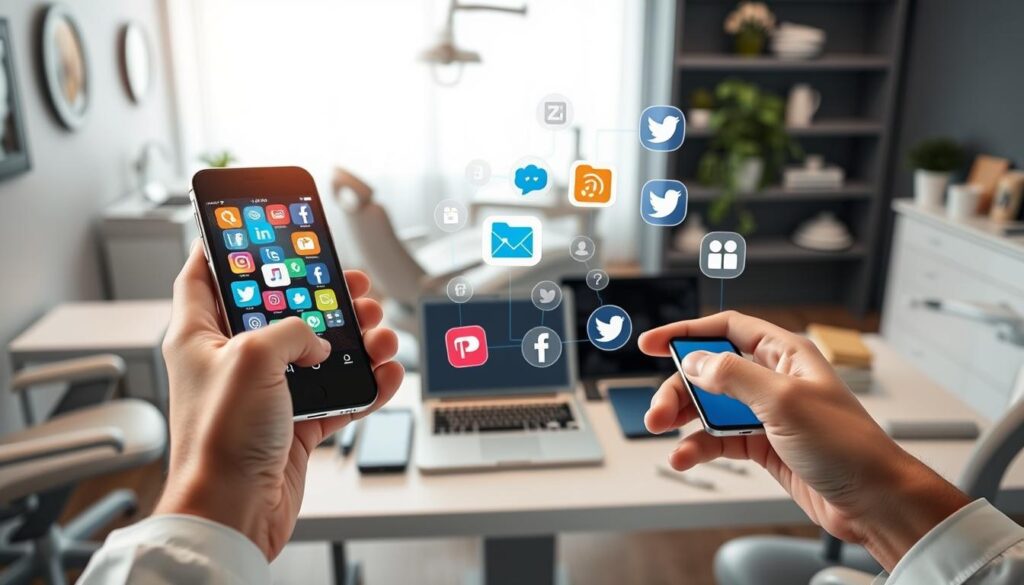 A professional, well-lit photograph of social media platforms as engaging tools for digital marketing in dentistry. The foreground features a dentist's hands holding a smartphone, with various social media app icons and logos displayed on the screen. The middle ground showcases a mix of digital devices such as a laptop, tablet, and additional smartphones, all connected and interacting with each other. The background depicts a modern, minimalist office setting with dental equipment and decor, highlighting the integration of social media into the dental practice. The overall atmosphere conveys the idea of technology, connectivity, and the seamless integration of social media as a powerful engagement tool for the dental industry.