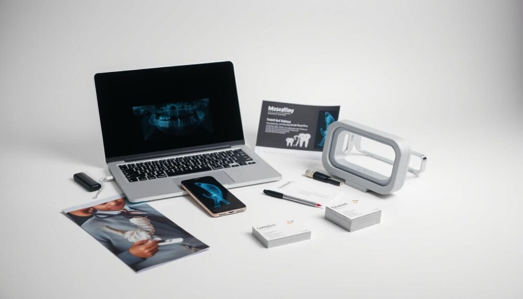 A professional, well-lit studio photograph of an assortment of essential dental marketing tools, including a laptop, smartphone, brochures, business cards, and a dental x-ray viewer displayed on a clean, white surface. The composition should emphasize the cohesive and comprehensive nature of these tools, conveying a sense of organization and efficiency for successful dental practice marketing. Soft, directional lighting highlights the various textures and materials, creating depth and dimension. The overall mood should be modern, minimalist, and visually appealing, reflecting the high-quality standards of the dental profession.