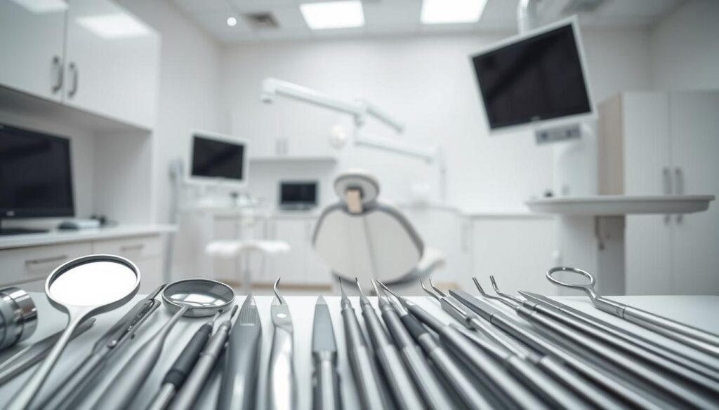 A professional, well-lit studio shot of an assortment of essential dental tools and equipment for a modern dental clinic. In the foreground, a variety of stainless steel dental instruments neatly arranged, including mouth mirrors, dental probes, tweezers, and scalers. In the middle ground, a high-quality dental x-ray machine and a state-of-the-art dental chair with adjustable headrest. In the background, a clean, minimalist clinic interior with white walls and sleek cabinetry, conveying a sense of clinical efficiency and hygiene. The lighting is soft and even, highlighting the gleaming metal surfaces and pristine medical atmosphere. The overall mood is one of professionalism, attention to detail, and a commitment to providing the best possible patient care.