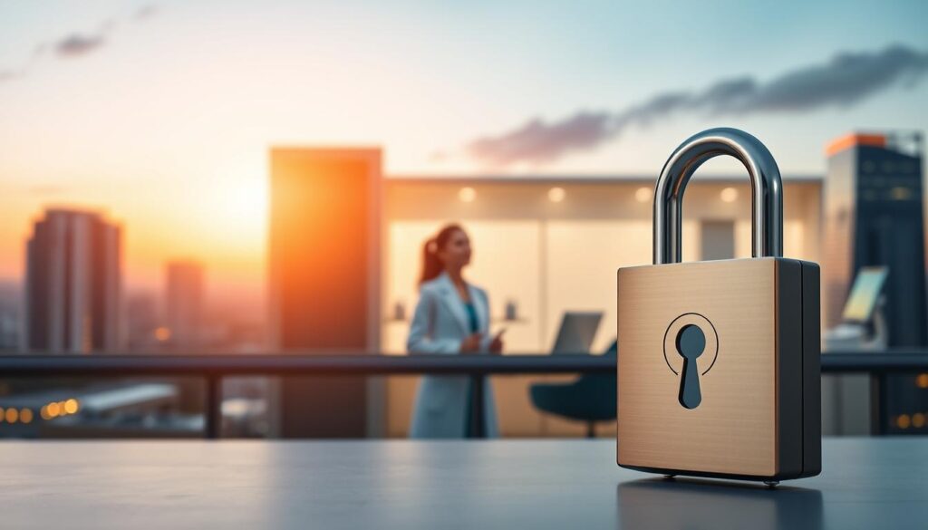 A secure data fortress standing tall, surrounded by a cloud of trust and transparency. In the foreground, a gleaming padlock symbolizes the ironclad protection of sensitive patient information. The middle ground features a warm, inviting medical office, where a doctor's compassionate gaze and a patient's serene expression convey mutual confidence. The background depicts a serene, futuristic cityscape, with sleek buildings and glowing interfaces, signifying the seamless integration of technology and healthcare. Soft, directional lighting illuminates the scene, creating a sense of reassurance and professionalism. Captured through a wide-angle lens to convey a comprehensive, holistic view of data security and patient trust in the digital age of dentistry.