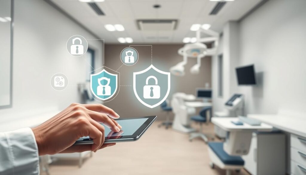 A secure digital data management system for a modern dental practice. In the foreground, a dentist's hand carefully accessing patient records on a tablet, ensuring privacy and confidentiality. In the middle ground, various medical equipment and dental tools, symbolizing the integration of technology and patient care. The background features a sleek, minimalist office setting with clean lines and muted tones, creating a calming and professional atmosphere. The lighting is soft and evenly distributed, highlighting the importance of data security in the digital age of dental marketing. The overall composition conveys a sense of trust, efficiency, and technological sophistication within the dental industry.