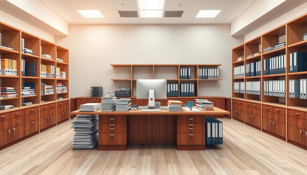 A serene and organized office setting, with a large central desk showcasing a neatly arranged array of documents, files, and a desktop computer. The space is bathed in warm, natural lighting, creating a calming atmosphere. In the background, shelves line the walls, meticulously organized with labeled folders and binders, symbolizing the consolidation of all dental records and patient information in a single, efficient location. The scene conveys a sense of control, professionalism, and a well-structured approach to dental practice management.