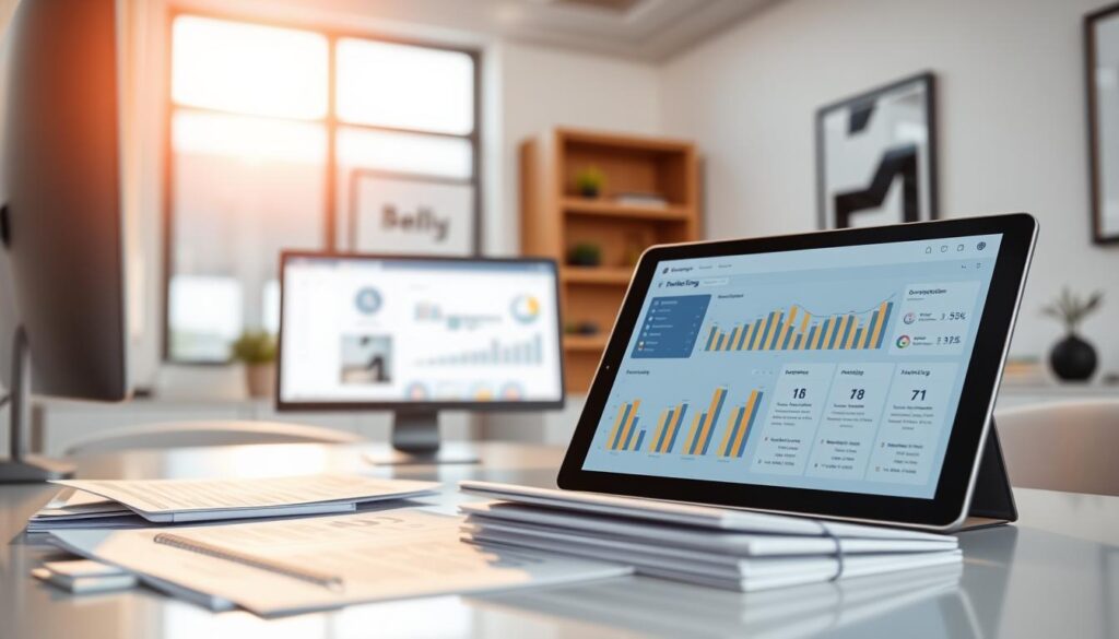 A serene and professional office setting, bathed in warm, natural lighting. In the foreground, a desktop computer and neatly organized financial documents, symbolizing the financial management aspect. In the middle ground, a stylish tablet displaying a digital marketing dashboard, representing the digital marketing focus. The background features modern, minimalist decor, conveying an atmosphere of efficiency and sophistication. Visual elements such as charts, graphs, and icons subtly allude to the key topics of financial management and digital marketing for dental clinics.