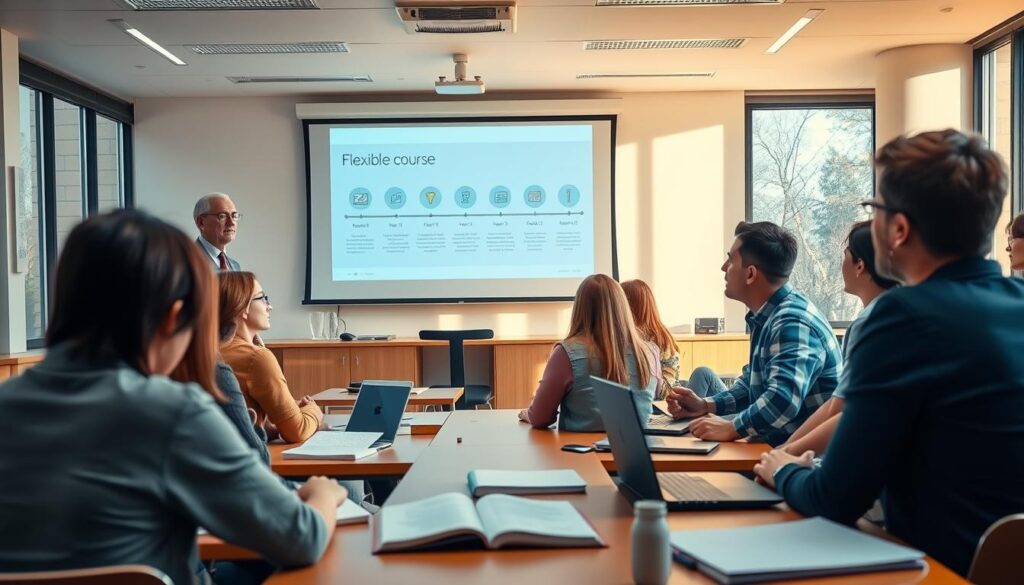 A serene and well-lit classroom setting, with a professor standing at the front, gesturing towards a projection screen displaying a timeline and various icons representing flexible course options. In the foreground, a group of students, both young and mature, intently listening, their faces reflecting a sense of understanding and engagement. The middle ground features educational materials, textbooks, and laptops, suggesting a dynamic and interactive learning environment. The background portrays a warm, inviting atmosphere, with large windows allowing natural light to flood the room, creating a sense of openness and flexibility. The overall scene conveys the idea of adaptable course durations and diverse learning opportunities for students.