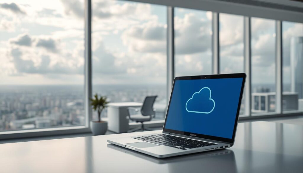 A serene, cloud-filled sky casts a tranquil ambiance over a modern, minimalist office space. In the foreground, a sleek, silver laptop sits atop a clean, white desk, its screen displaying a secure cloud storage interface. Soft, directional lighting illuminates the scene, creating a sense of warmth and professionalism. The middle ground features a stylish ergonomic chair and a subtle potted plant, conveying a balanced, productivity-focused environment. The background showcases floor-to-ceiling windows, offering a panoramic view of a bustling, but well-organized cityscape, symbolizing the accessibility and flexibility of cloud-based solutions for dental practice management.