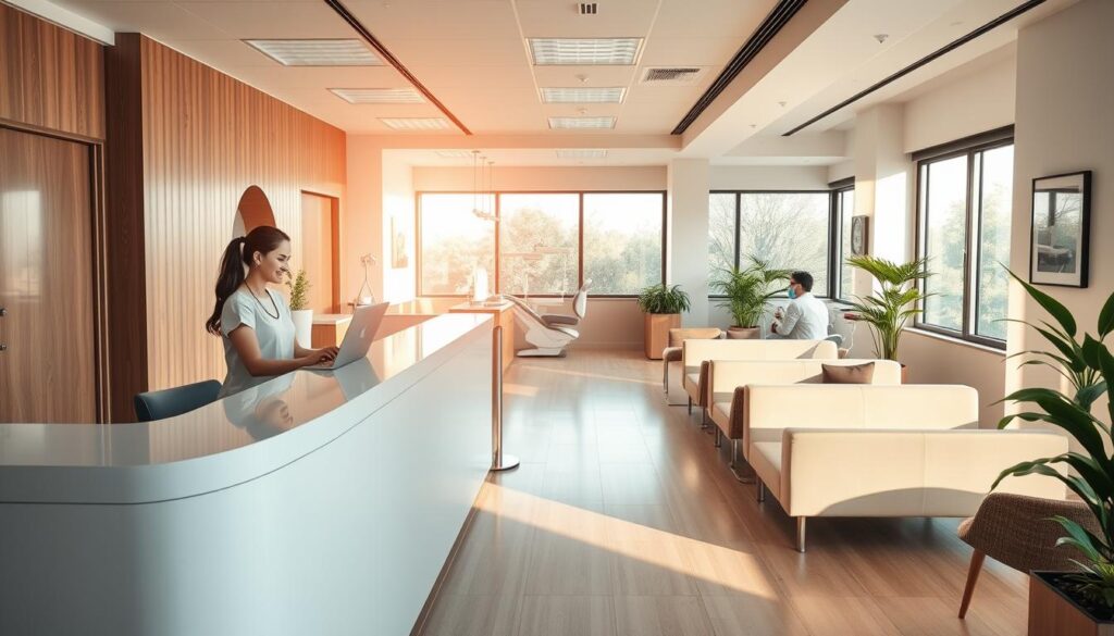 A serene dental office interior, bathed in warm, natural lighting. The foreground features a sleek, modern reception desk with a friendly receptionist assisting a patient. In the middle ground, a row of well-appointed examination rooms with state-of-the-art dental equipment. The background showcases an open, airy waiting area with comfortable seating and soothing, nature-inspired decor. The overall atmosphere conveys a sense of professionalism, efficiency, and patient-centered care, reflecting the essence of "gestão odontológica" or dental practice management.