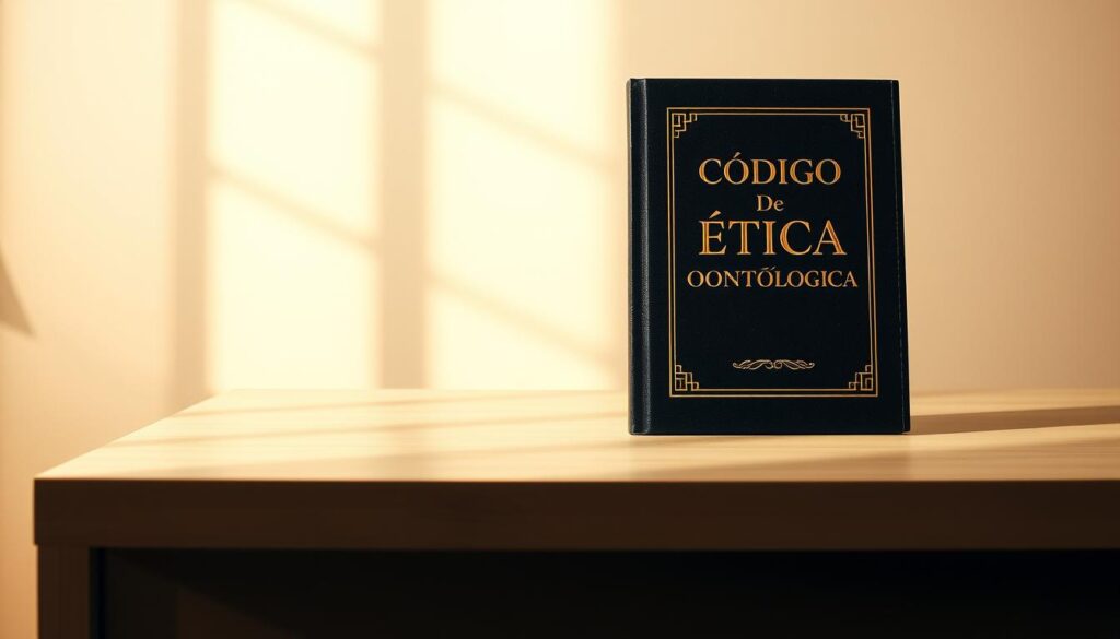 A serene, high-contrast office scene depicting a hardcover book titled "Código de Ética Odontológica" resting on a minimalist, light-colored wooden desk. The book's cover is embossed with intricate golden lettering, casting subtle shadows on the desk surface. The background features a blurred, warm-toned wall, creating a tranquil, professional atmosphere. Soft, directional lighting illuminates the scene, highlighting the book's details and lending a sense of gravitas to the composition. The entire frame conveys a tone of ethical responsibility and adherence to professional standards within the dental field.