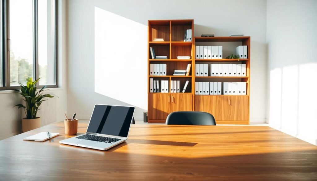 A serene, minimalist office setting with a large wooden table in the foreground, adorned with a laptop, a pen cup, and a notepad. In the middle ground, a modern, stylish wooden bookshelf stands, filled with neatly organized business books and folders. The background features a wall of floor-to-ceiling windows, allowing natural light to flood the room, creating a warm and productive atmosphere. Soft, directional lighting illuminates the scene, casting subtle shadows and highlighting the textures of the materials. The overall composition conveys a sense of strategic planning, organization, and professionalism, suitable for a feature on "Strategic Planning for Dental Clinics".