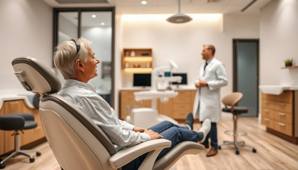 A serene, modern dental clinic interior with a warm, inviting atmosphere. In the foreground, a patient sitting comfortably in an ergonomic examination chair, their expression relaxed and attentive. The middle ground showcases the dentist, wearing a crisp white lab coat, engaging the patient with a friendly, professional demeanor. The background features sleek, minimalist design elements, including clean lines, soft lighting, and soothing colors that promote a calming ambiance. The overall scene conveys a sense of trust, care, and a patient-centric experience.
