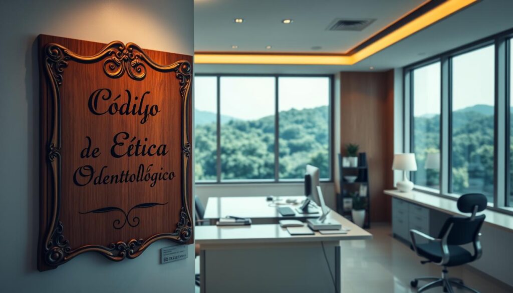 A serene, professional setting featuring a meticulously designed dental office interior. In the foreground, a large, ornate wooden plaque displays the "Código de Ética Odontológico" in elegant calligraphy, its refined appearance reflecting the high standards and principles of the dental profession. The middle ground showcases a well-organized desk with medical instruments, patient records, and a computer, all lit by warm, indirect lighting that creates a calming ambiance. In the background, floor-to-ceiling windows provide a panoramic view of a lush, verdant landscape, further emphasizing the tranquility and harmony of the space. The overall composition conveys a sense of ethical responsibility, professionalism, and a deep respect for the well-being of patients.