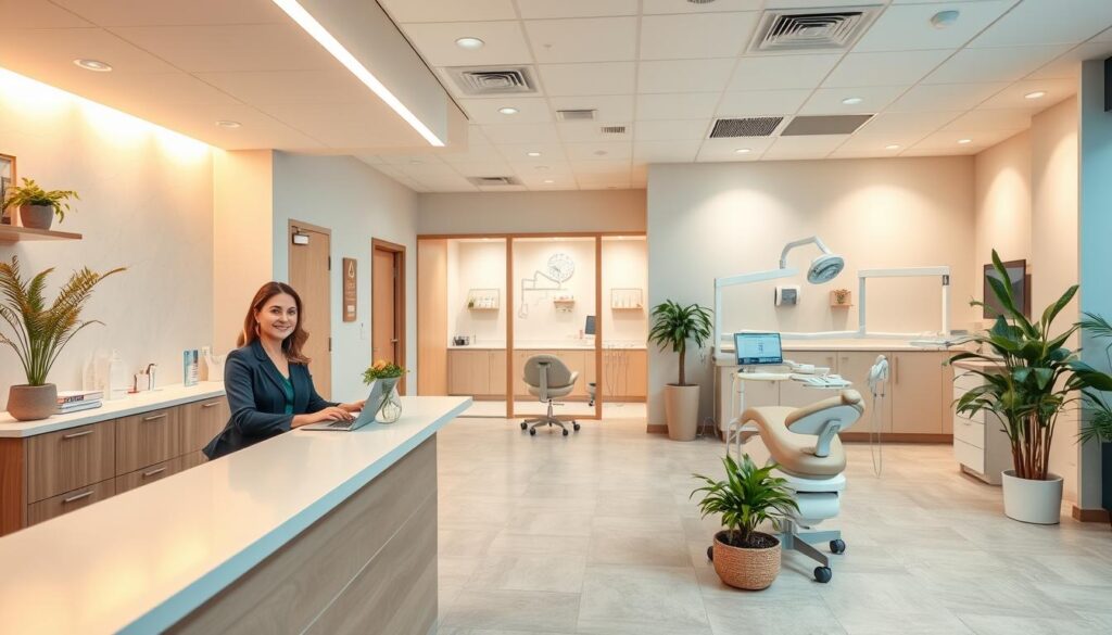 A serene, welcoming dental clinic interior with warm lighting and a calming atmosphere. The foreground features a reception desk with a friendly receptionist greeting patients, exuding professionalism and trustworthiness. The middle ground showcases modern, well-maintained dental equipment and examination rooms, conveying a sense of cutting-edge technology and high-quality care. The background depicts soothing nature-inspired decor, such as potted plants and soft-colored walls, creating a relaxing ambiance that puts patients at ease. The overall scene emanates a feeling of comfort, competence, and a patient-centric approach, effectively building trust and confidence in the clinic.