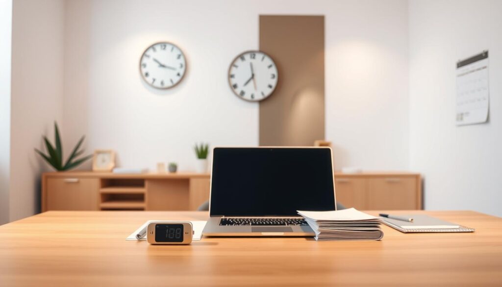 A serene, well-lit office setting with a modern, minimalist aesthetic. In the foreground, a neatly organized desk showcases a laptop, a stack of papers, and a timer. The background features clean, white walls adorned with a simple clock and a stylized calendar. Warm, diffused lighting creates a professional yet inviting atmosphere, highlighting the focus on time management and workflow efficiency. The overall composition conveys a sense of order, productivity, and the importance of balancing the duration and workload of a dental office administration course.