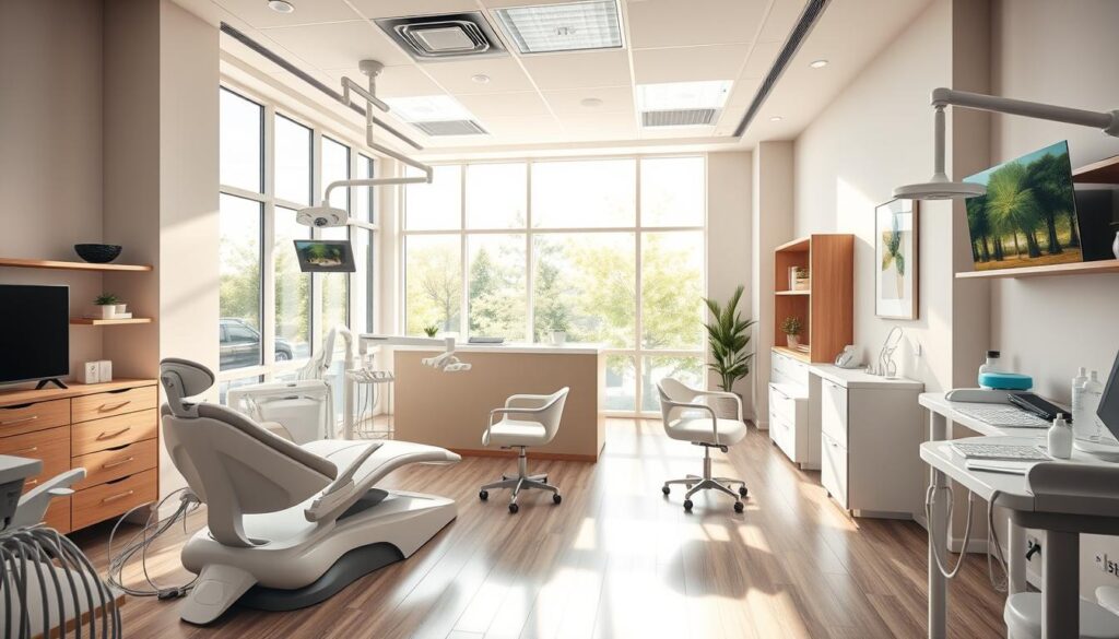 A serene, well-organized dental clinic interior with modern furnishings and equipment. The foreground features sleek, ergonomic dental chairs and pristine tools, suggesting efficient and patient-centric care. The middle ground showcases a neatly arranged reception desk and waiting area, with stylish decor and comfortable seating. The background reveals an abundance of natural light streaming through large windows, creating a calming, spa-like atmosphere. The overall composition conveys a sense of professionalism, attention to detail, and a patient-focused approach to dental management.