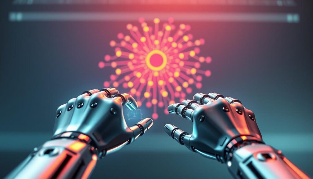 A sleek and futuristic rendition of artificial intelligence, showcasing its advanced capabilities. In the foreground, a pair of highly detailed robotic hands manipulate holographic data displays, their metallic surfaces gleaming under bright, directional lighting. In the middle ground, an abstract neural network pulses with vivid neon colors, representing the complex underlying algorithms. The background blends seamlessly, depicting a minimalist, high-tech environment with clean lines and a sense of depth, creating an immersive and captivating scene that embodies the future of dentistry marketing.