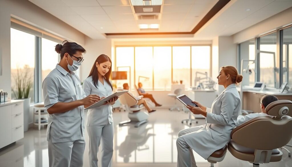 A sleek and modern dental clinic, bathed in warm, natural lighting filtering through large windows. In the foreground, a team of professionals in pristine white uniforms review financial reports and schedules on digital tablets, showcasing the clinic's efficient management practices. In the middle ground, patients relax comfortably in ergonomic chairs, conveying a sense of patient-centric care. The background features state-of-the-art dental equipment and technology, highlighting the clinic's commitment to advancing the field of dentistry. An atmosphere of professionalism, innovation, and patient well-being permeates the scene, demonstrating the transformative power of a comprehensive dental practice management course.