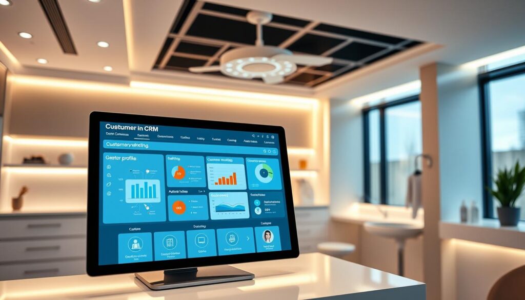 A sleek and modern dental clinic interior, featuring a prominent customer relationship management (CRM) system display on the front desk. The CRM interface showcases intuitive data visualizations, customer profiles, and automated marketing tools, highlighting its integral role in the clinic's holistic marketing approach. Warm lighting and clean, minimalist design elements create a professional yet inviting atmosphere, reflecting the clinic's commitment to exceptional patient experience and data-driven decision-making. The scene conveys the seamless integration of CRM technology within the contemporary dental marketing landscape.